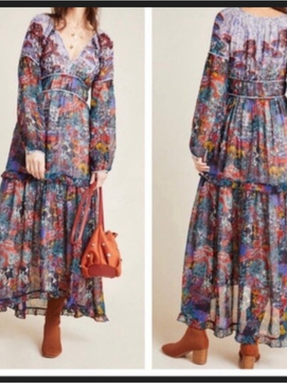 Anthropologie Maeve Annabella Purple Multi-Print Long Sleeve Boho Maxi Dress